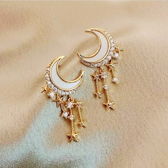 Gold Plated Pearlessent Crescent moon star drop earrings with silver post - Picture 10 of 16